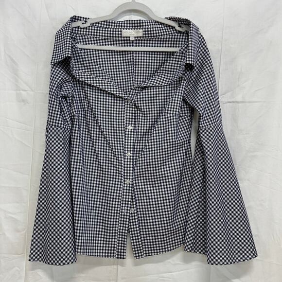 Caroline Constas Gingham Persephone Bell Sleeve Blouse Top Blue/White Women's M - Picture 3 of 6